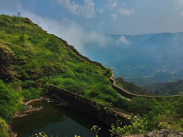 The massive stone ramparts and majestic entrance of Lohagad Fort near Lonavala